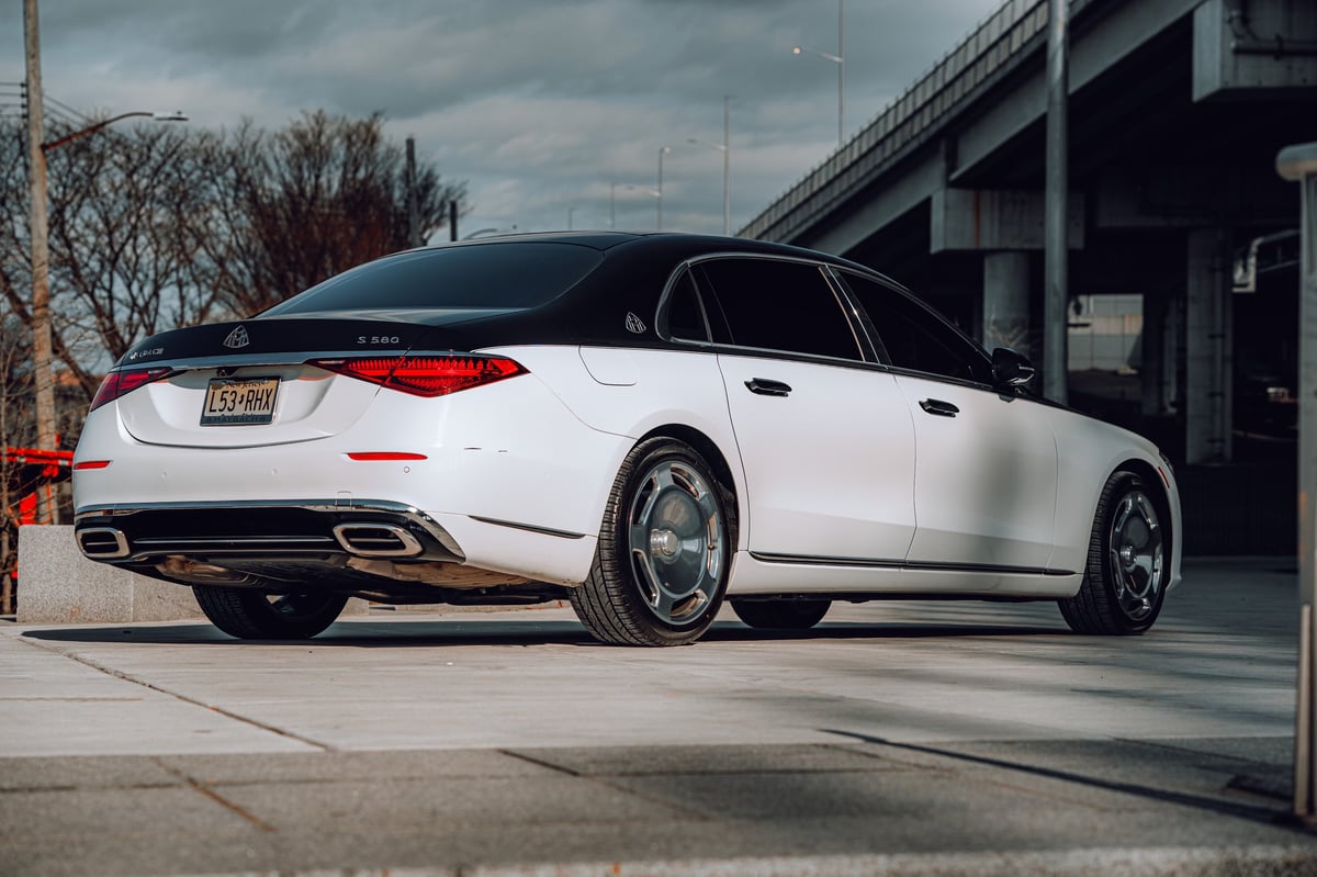 White luxury sedan parked under highway overpass with bare trees
