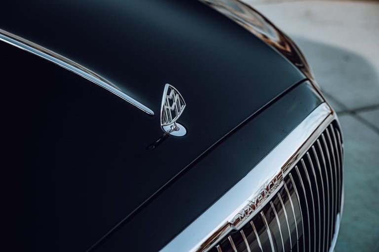 Close-up of a luxury car hood showing a silver winged emblem badge on black metal paint
