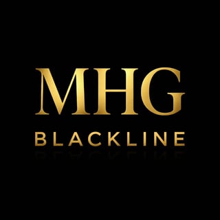 MHG Blackline logo in gold text on black background
