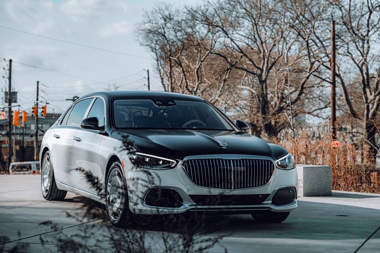 White luxury sedan parked on wet pavement with bare trees and buildings in urban setting